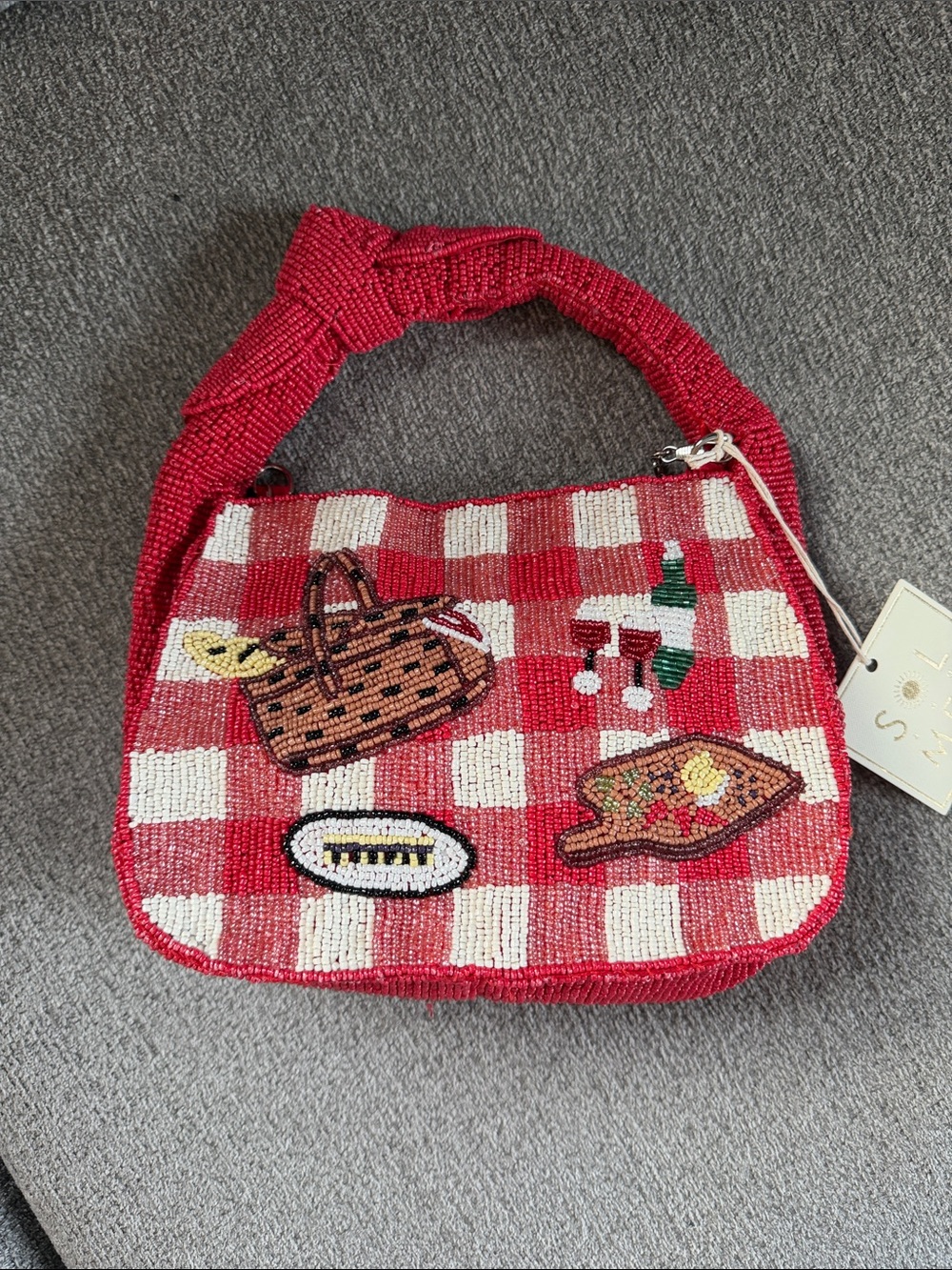 Red Beaded Picnic Plaid Shoulder Bag